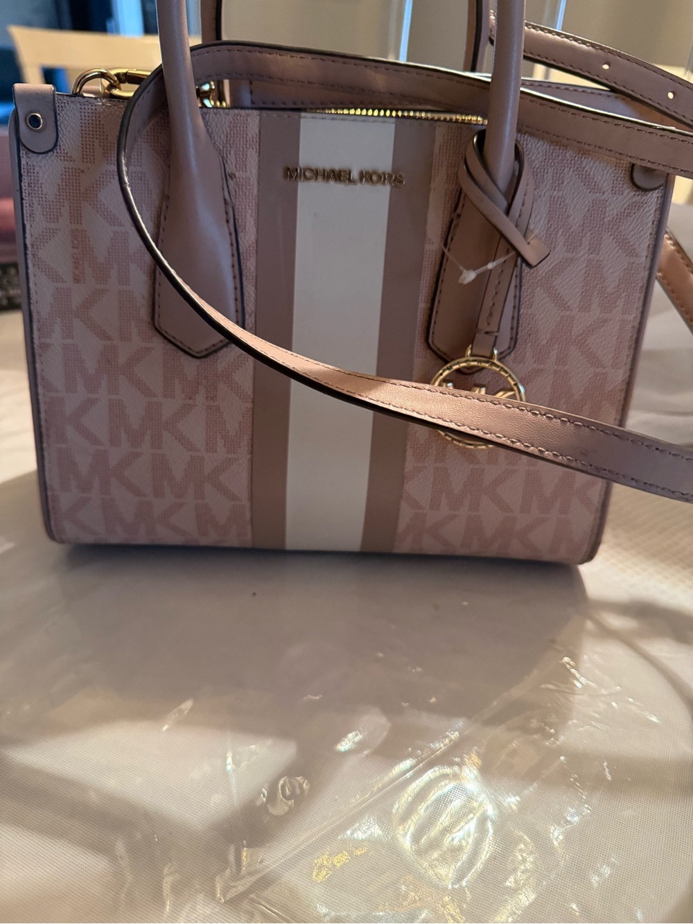 Michael Kors Blush Pink and Cream Stripe Signature Satchel